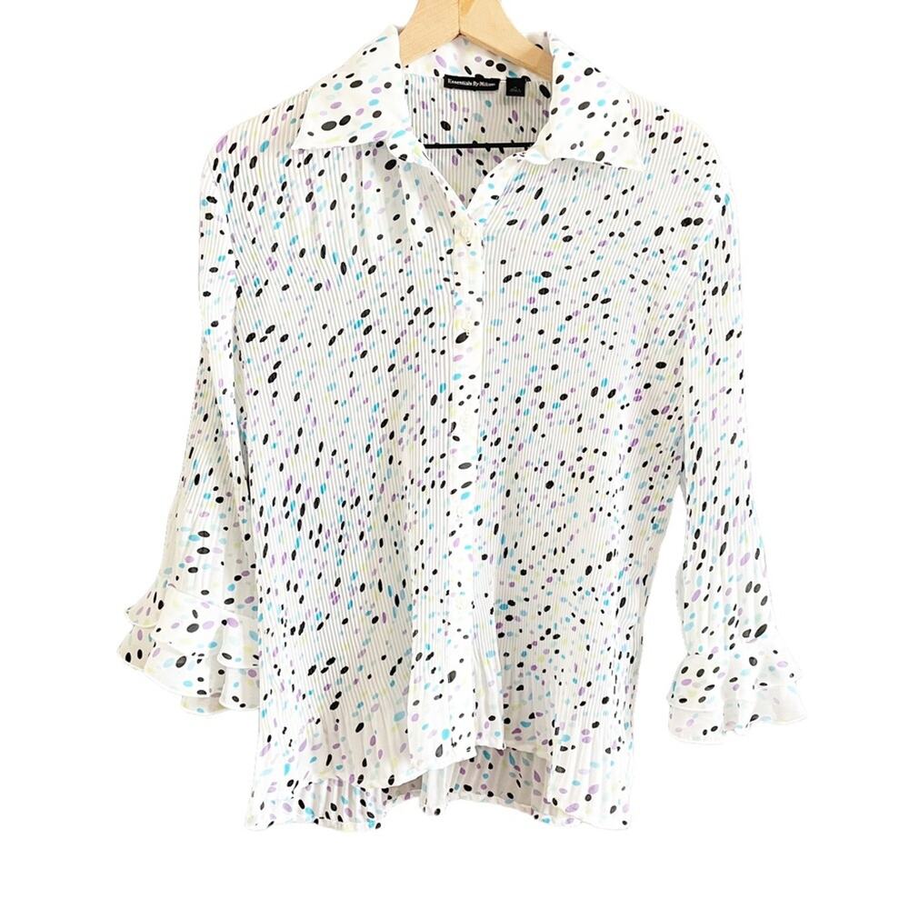 Essentials by Milano White Multicolor Confetti Design Long Ruffled Sleeve Blouse